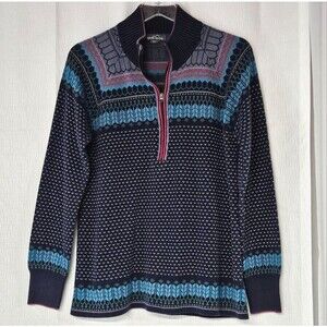 Eddie Bauer Blue Fair Isle Quarter Zip High Neck Preppy Knit Pullover Sweater